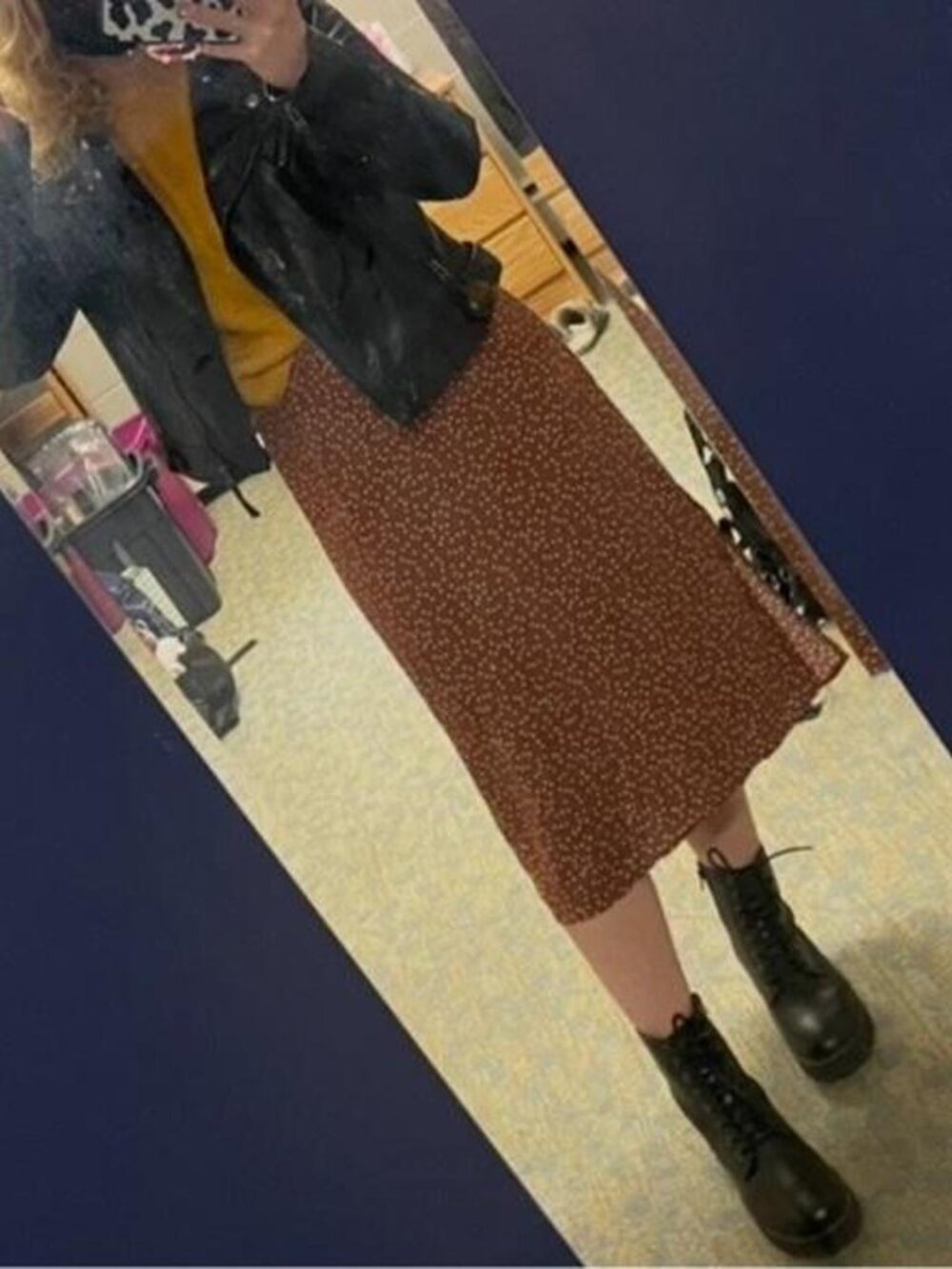 Brown polka dot midi skirt with white polka dots